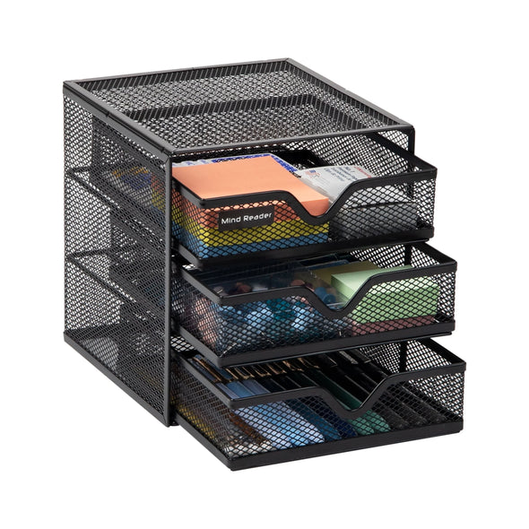 Mesh Mini 3 Tier Drawer Organizer, Desk Supplies Office Supplies Organizer, 3 Drawers, 1 Top Shelf, Black