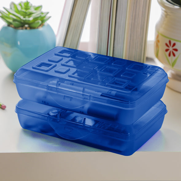 (2 Pack)  Small Pencil Box Plastic, Cobalt Tint
