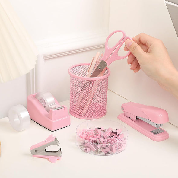 Pink Office Desk Accessories, Pink Office Supplies, Stapler, Tape Dispenser, Sci