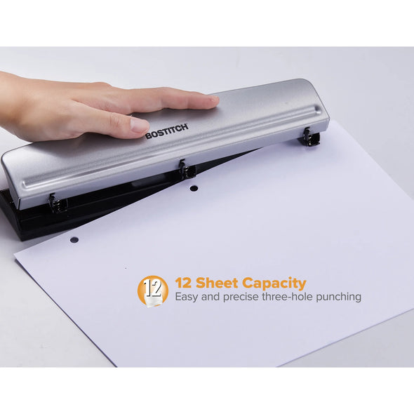 Office 3 Hole Punch, 12 Sheet Capacity, Silver