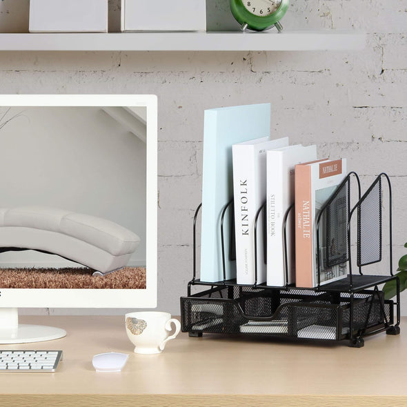 Desk Organizers and Accessories Storage with 5 Vertical File Folder Holders, Paper Tray, Drawer for Office, Home, Dorm, Workspace to Collect Office Supplies (Black)