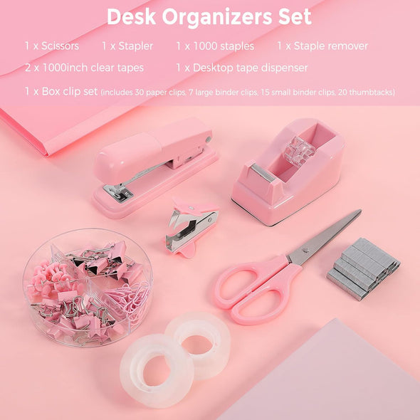 Pink Office Desk Accessories, Pink Office Supplies, Stapler, Tape Dispenser, Sci