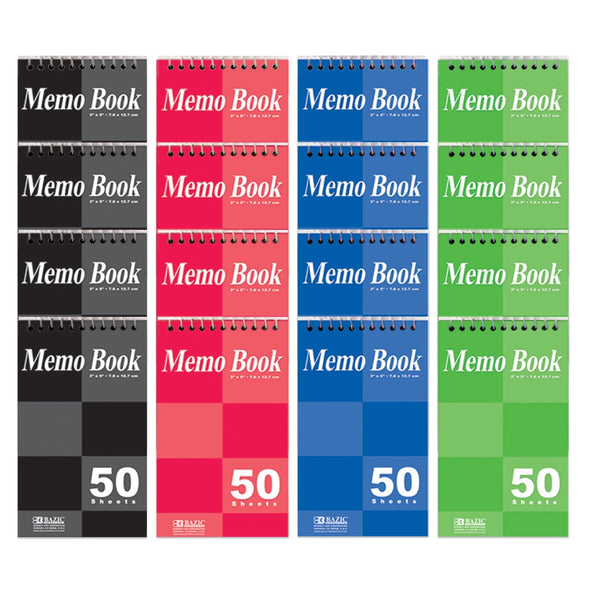 BAZIC Top Bound Spiral Memo Books 3"X5", 50 Sheet, Assorted Color, 16-Count
