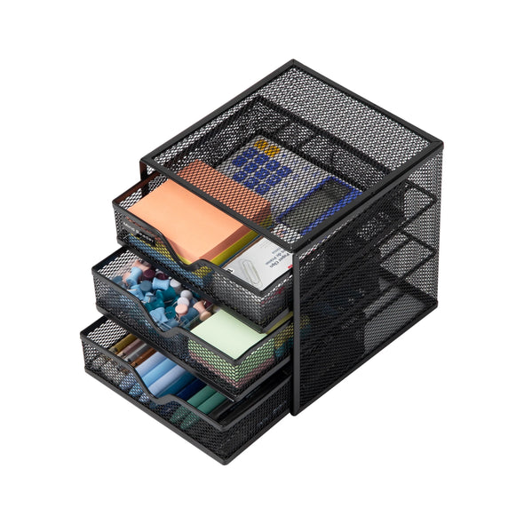 Mesh Mini 3 Tier Drawer Organizer, Desk Supplies Office Supplies Organizer, 3 Drawers, 1 Top Shelf, Black