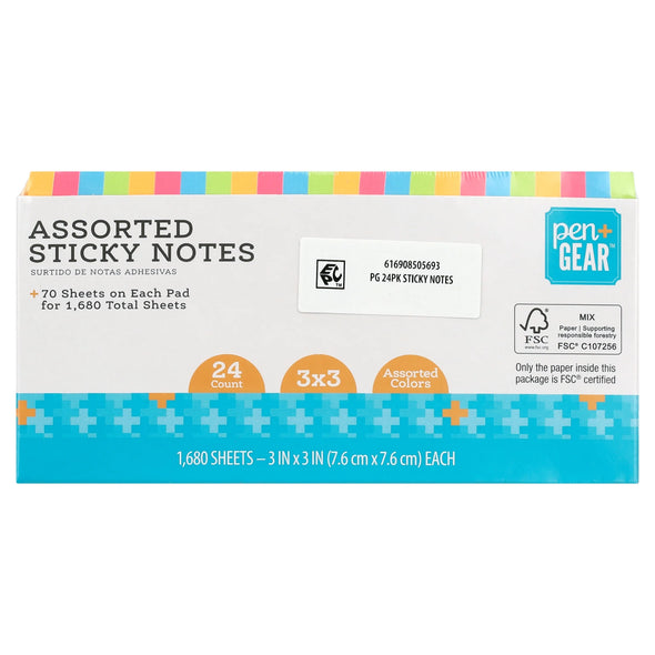 Pen + Gear Paper Sticky Notes, Neon, 3" X 3", 1680 Sheets, 24 Counts