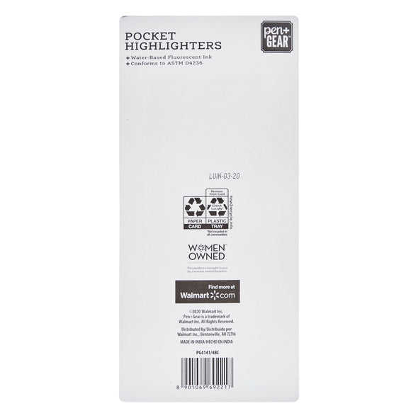 Pocket Highlighters, Chisel Tip, Yellow, 4 Count