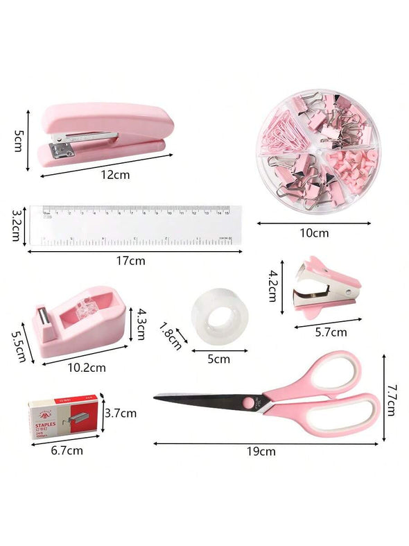 Pink Stationery Set Pink Desk Accessories Stapler and Tape Dispenser Set with Transparent Ruler Stapler, Pink Scissors Tape Dispenser Pink Staple Remover Staples Clips School Supplies Office Supplies Back to School