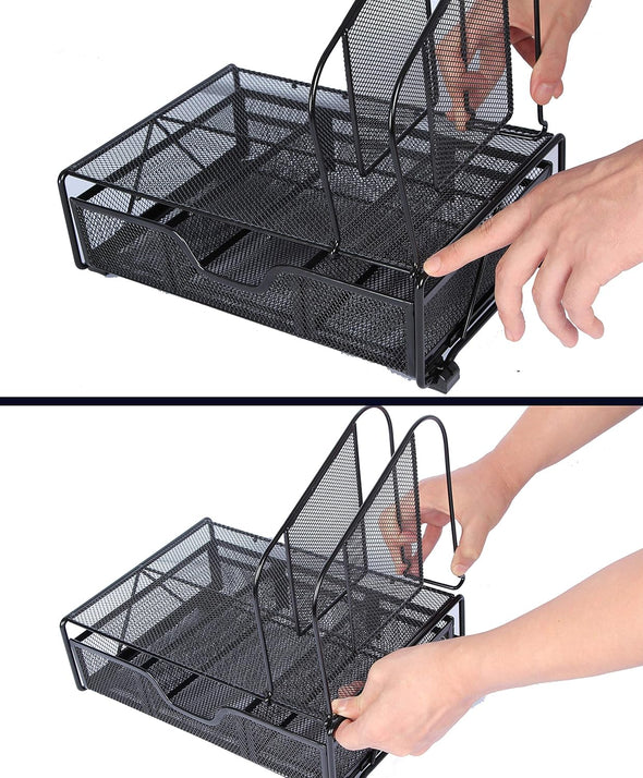 Desk Organizers and Accessories Storage with 5 Vertical File Folder Holders, Paper Tray, Drawer for Office, Home, Dorm, Workspace to Collect Office Supplies (Black)