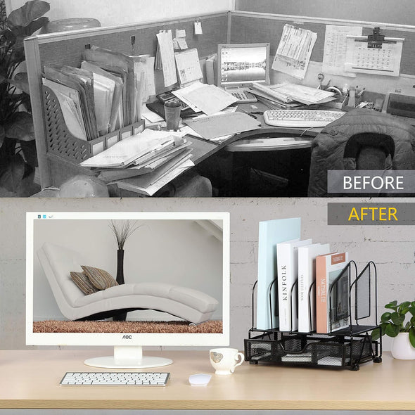 Desk Organizers and Accessories Storage with 5 Vertical File Folder Holders, Paper Tray, Drawer for Office, Home, Dorm, Workspace to Collect Office Supplies (Black)