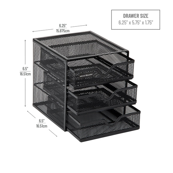 Mesh Mini 3 Tier Drawer Organizer, Desk Supplies Office Supplies Organizer, 3 Drawers, 1 Top Shelf, Black