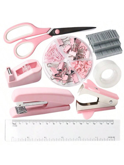 Pink Stationery Set Pink Desk Accessories Stapler and Tape Dispenser Set with Transparent Ruler Stapler, Pink Scissors Tape Dispenser Pink Staple Remover Staples Clips School Supplies Office Supplies Back to School