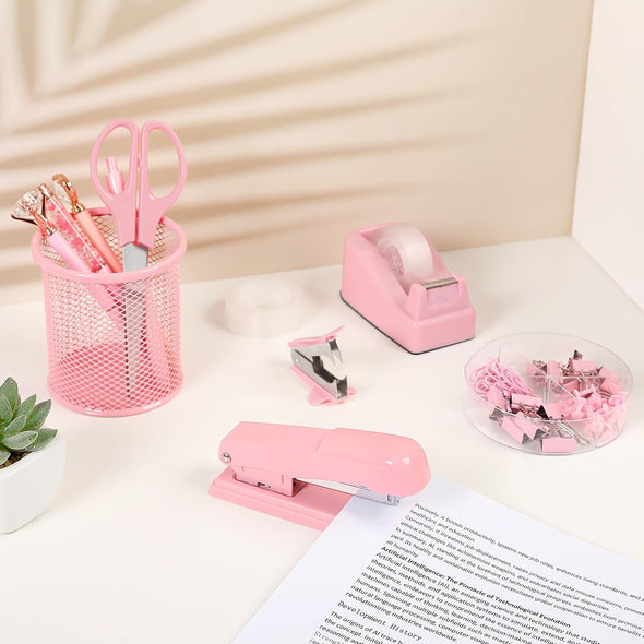 Pink Office Desk Accessories, Pink Office Supplies, Stapler, Tape Dispenser, Sci