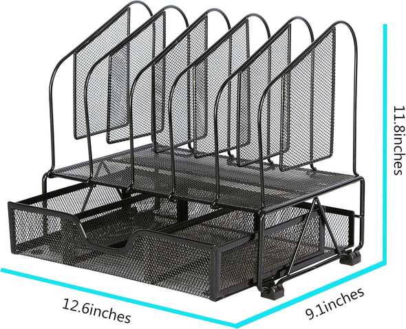 Desk Organizers and Accessories Storage with 5 Vertical File Folder Holders, Paper Tray, Drawer for Office, Home, Dorm, Workspace to Collect Office Supplies (Black)