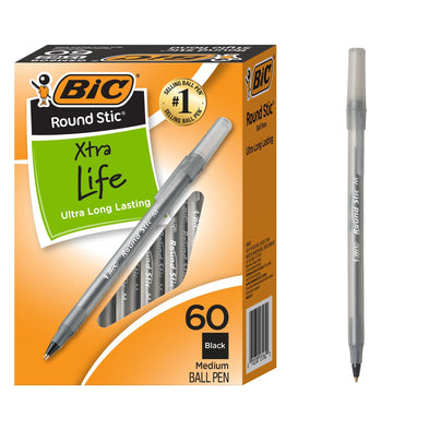 round Stic Xtra Life Ballpoint Pen, Medium Point, 1.0 Mm, Black Ink, 60 Count