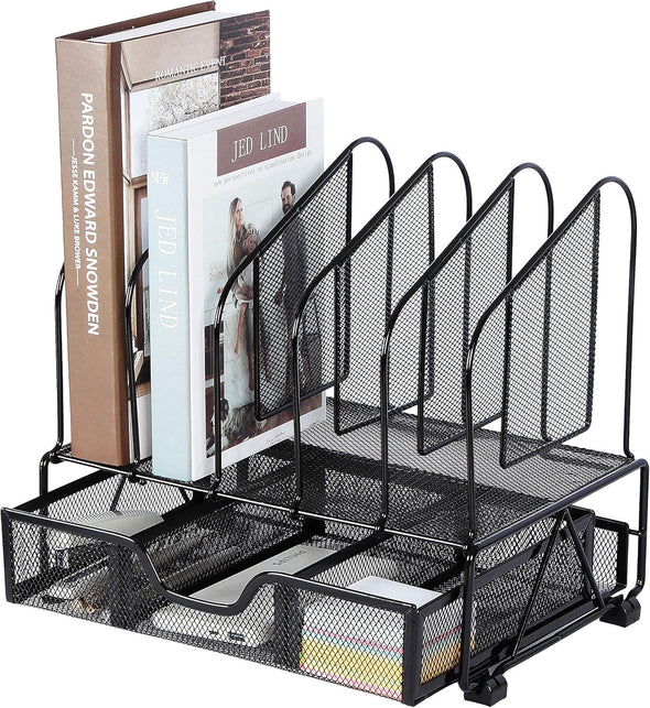 Desk Organizers and Accessories Storage with 5 Vertical File Folder Holders, Paper Tray, Drawer for Office, Home, Dorm, Workspace to Collect Office Supplies (Black)