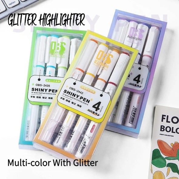 4 Colors/Box Kawaii Glitter Highlighter Pen Pastel Fine Pastel Highlighter Marker Scrapbook Painted Stationery School Supplies