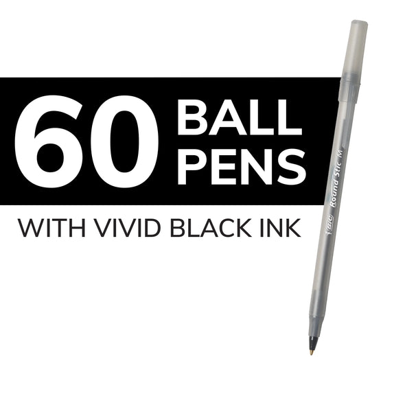 round Stic Xtra Life Ballpoint Pen, Medium Point, 1.0 Mm, Black Ink, 60 Count