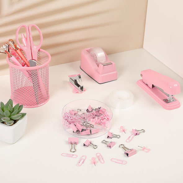 Pink Office Desk Accessories, Pink Office Supplies, Stapler, Tape Dispenser, Sci
